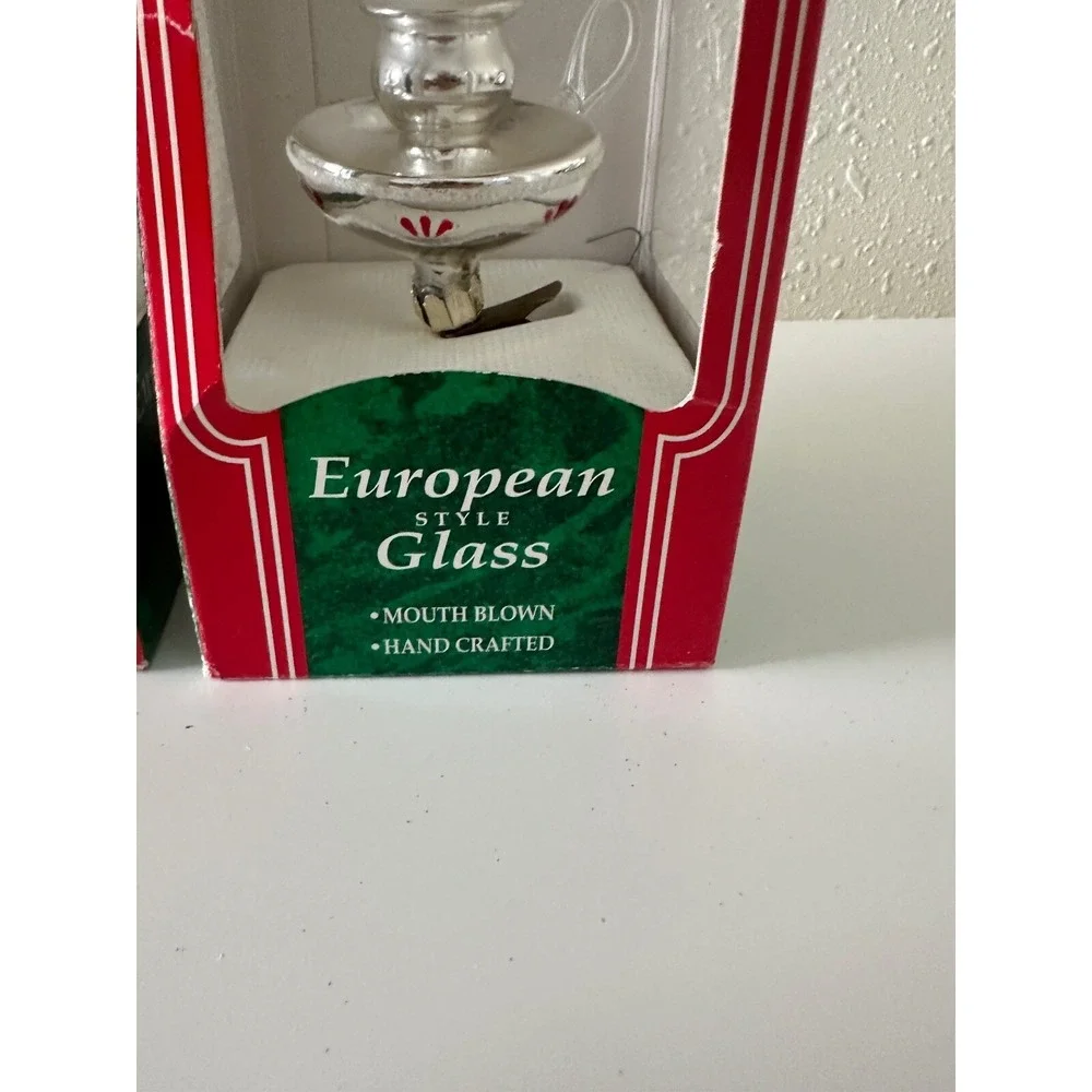 Christmas Ornament Candlestick European Hand Blown Glass Clip On Figural‎ Set 2